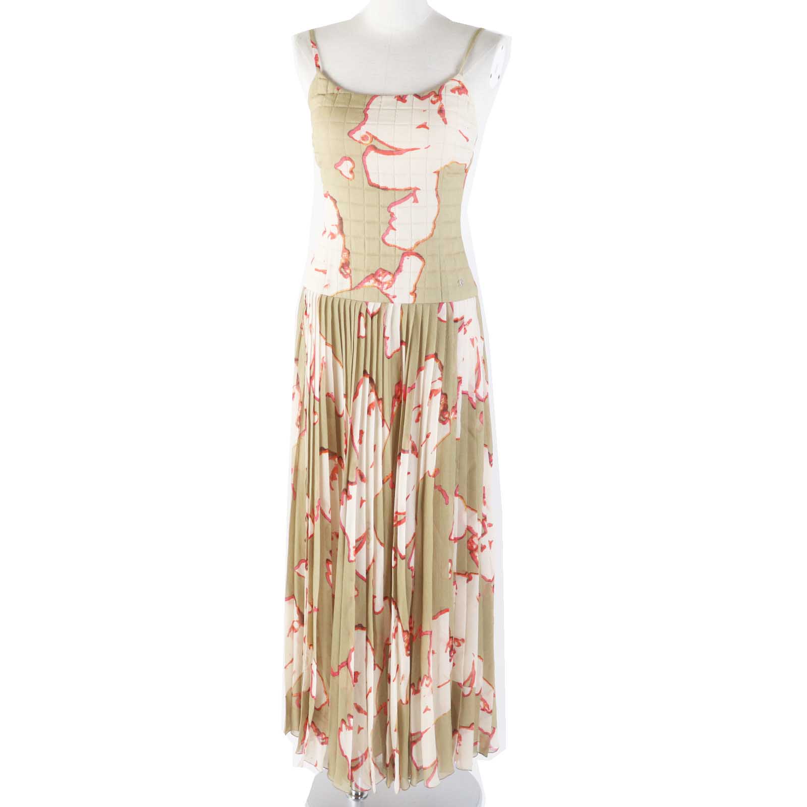 Chanel Silk Pleated Cami Dress Khaki Beige 36 Pre-owned Chanel Silk Pleated Cami Dress Khaki Beige 36 Pre-owned