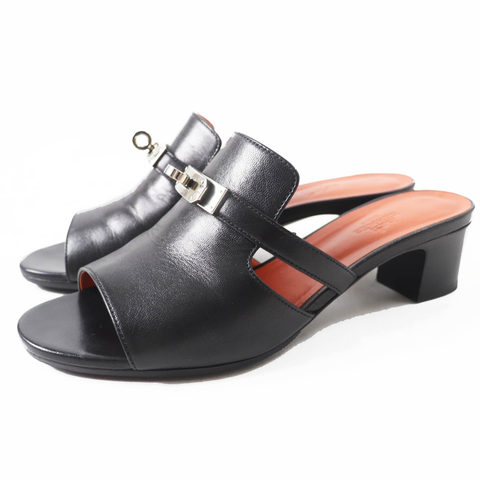 Hermes Kelly Buckle Leather Sandals Black 38