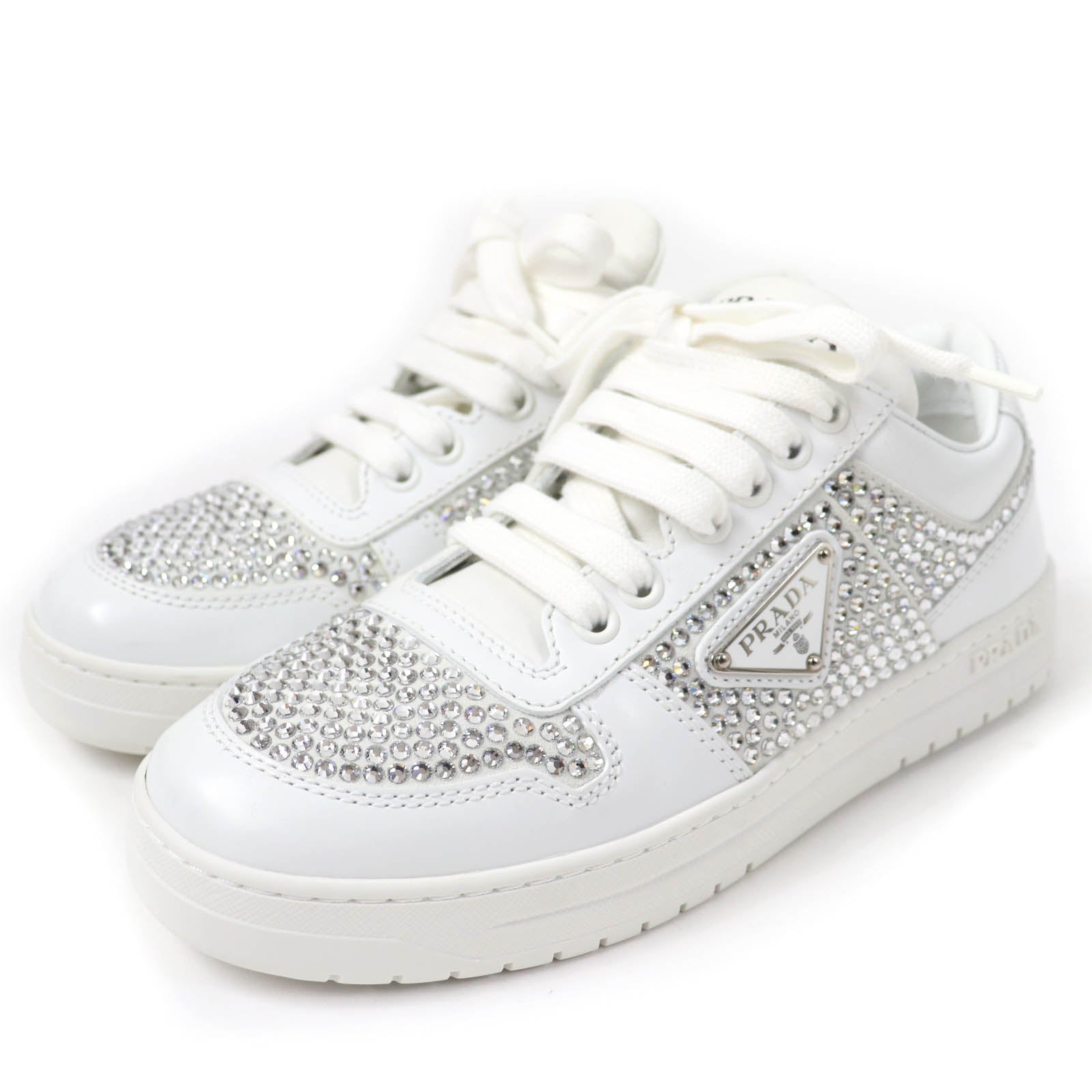 Prada 1E348N Triangle logo with crystal Leather Sneakers