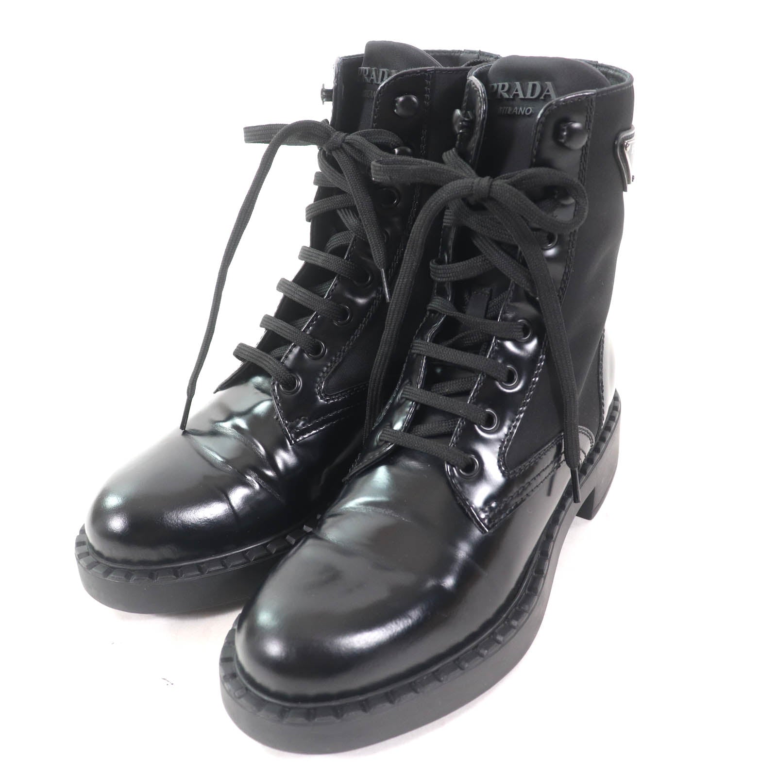 Prada Re-Nylon triangle logo brushed leather boots