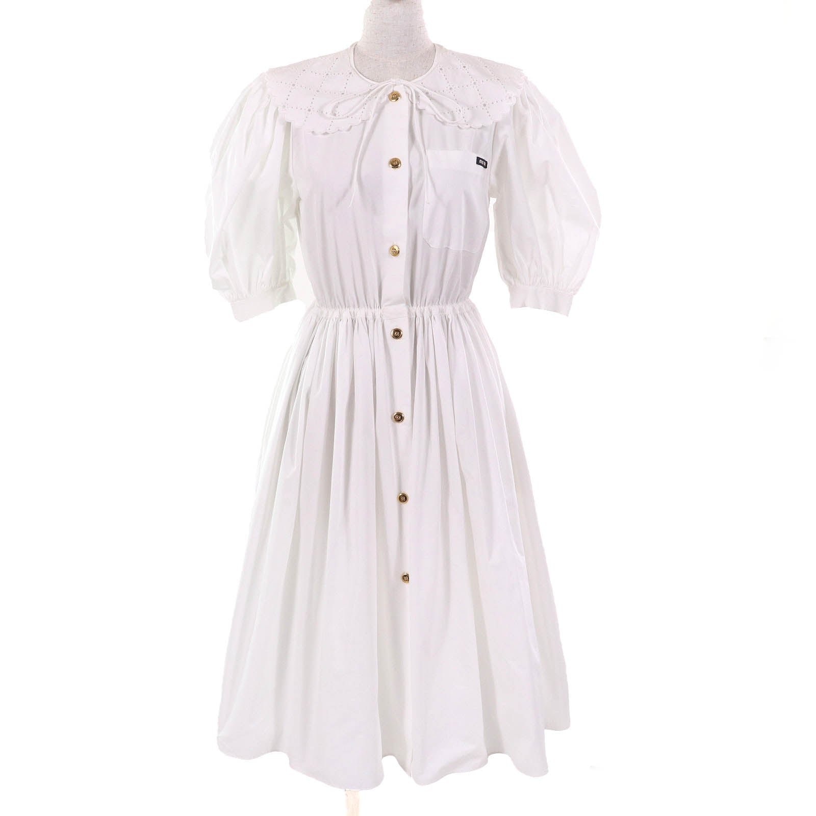 Miu Miu Embroidered collar logo puff sleeve poplin dress