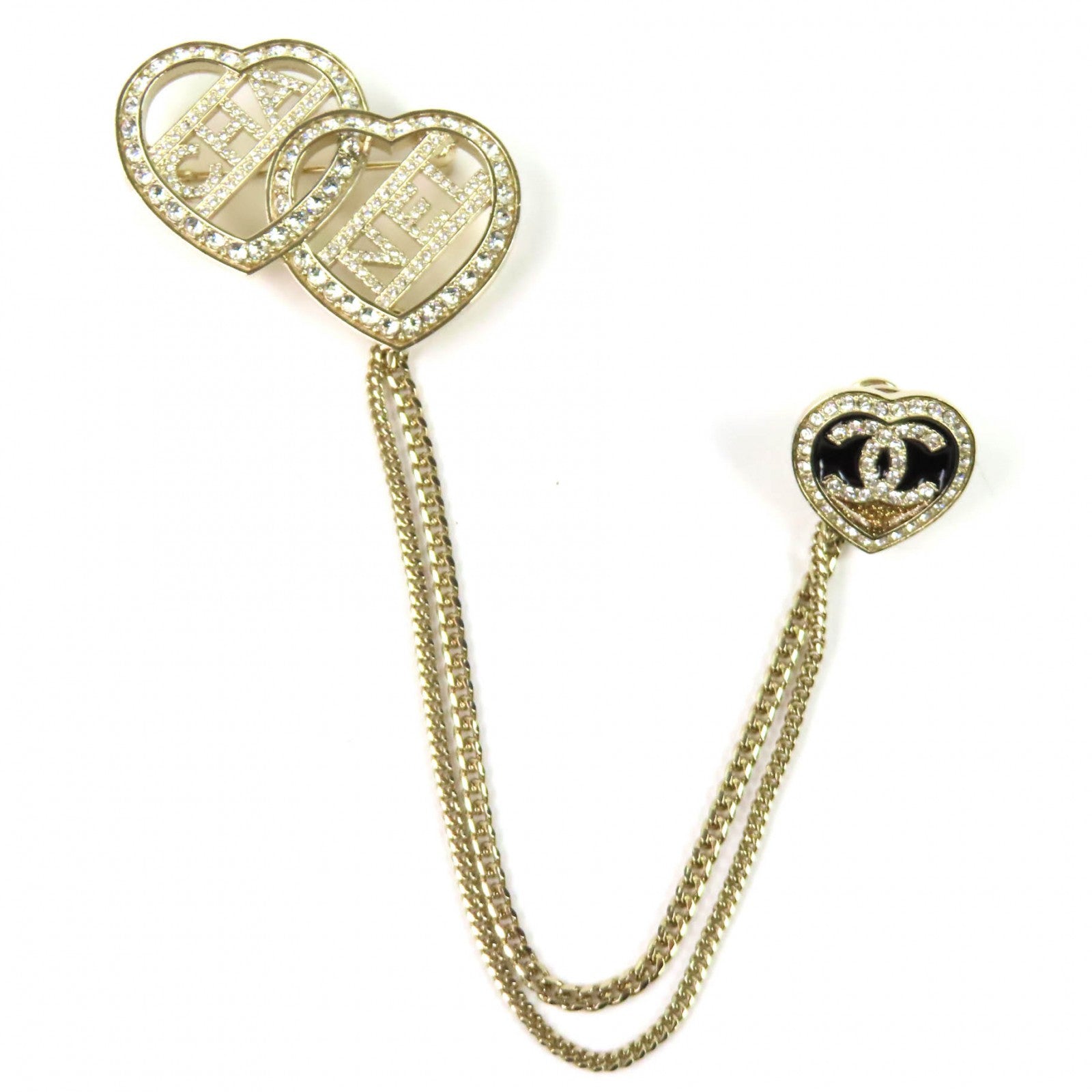 Chanel COCO Mark Double Heart Strass Brooch