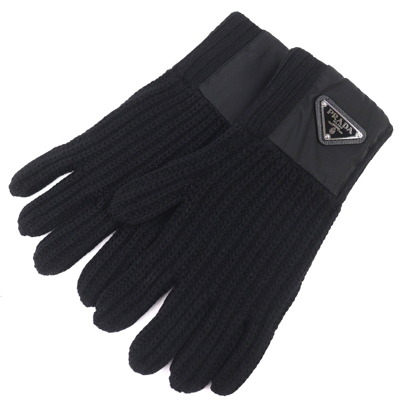 Prada Triangle Rib Knit Leather Gloves