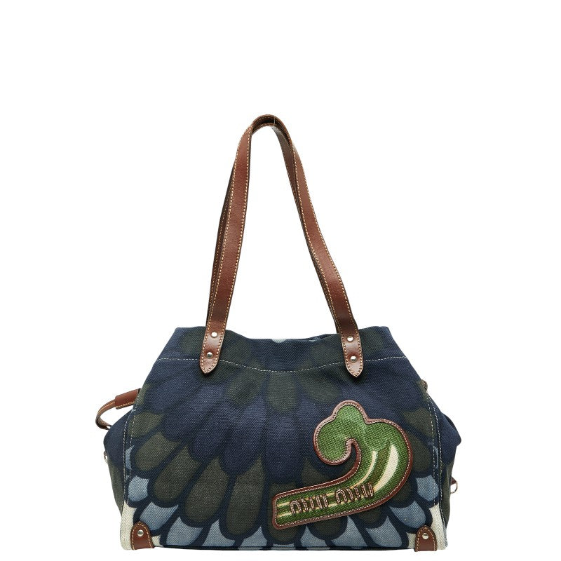Miu Miu Floral Leather Canvas Tote Bag