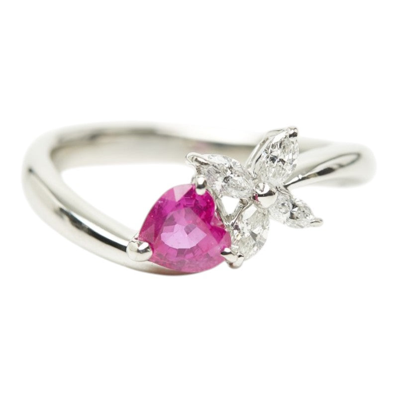 Pt900 Platinum Ruby Diamond Heart Flower Ring