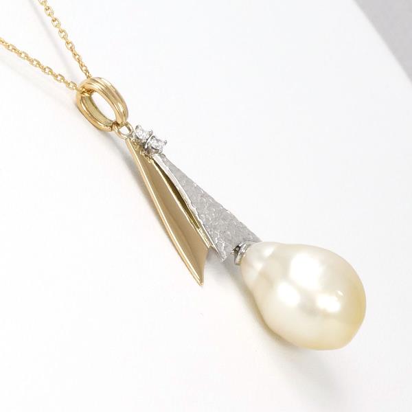 PT900 Platinum & K18 YellowGold Necklace with Pearl & Diamond, Total Weight approx 6.4g, 40cm, Women's Silver