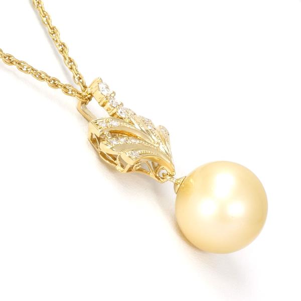K18 18k Yellow Gold Women's Necklace with Pearl and 0.15 ct Diamond, Total Weight Approximately 7.6g, Approximately 40cm Long
