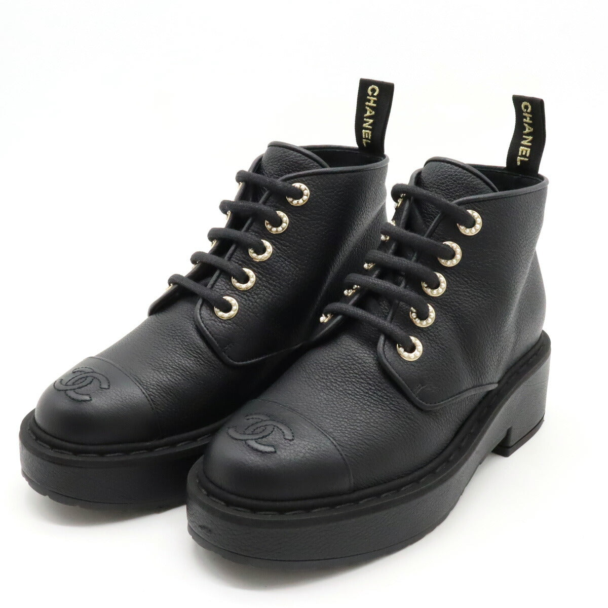 Chanel Lace Up Leather Pearl Boots