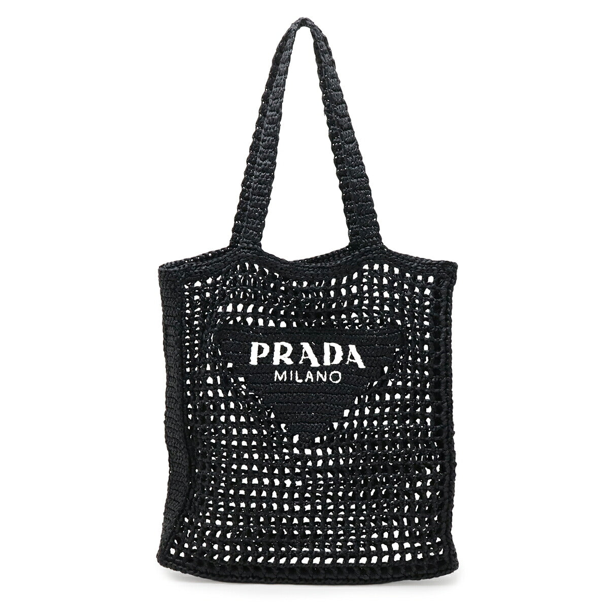 Prada Crochet Logo Raffia Shoulder Tote