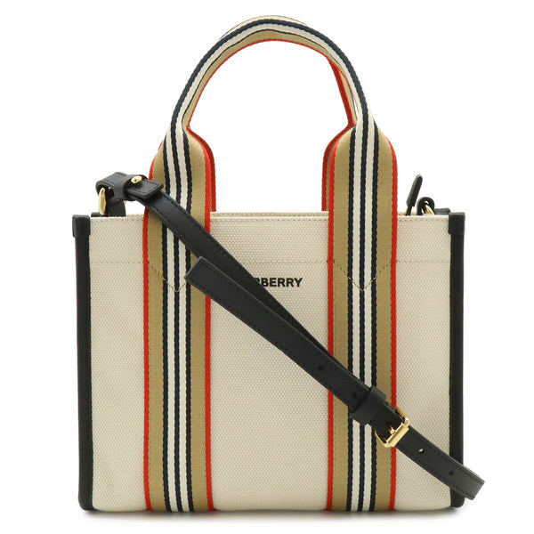 Burberry Small Icon Stripe Trim Cotton Canvas Tote Bag