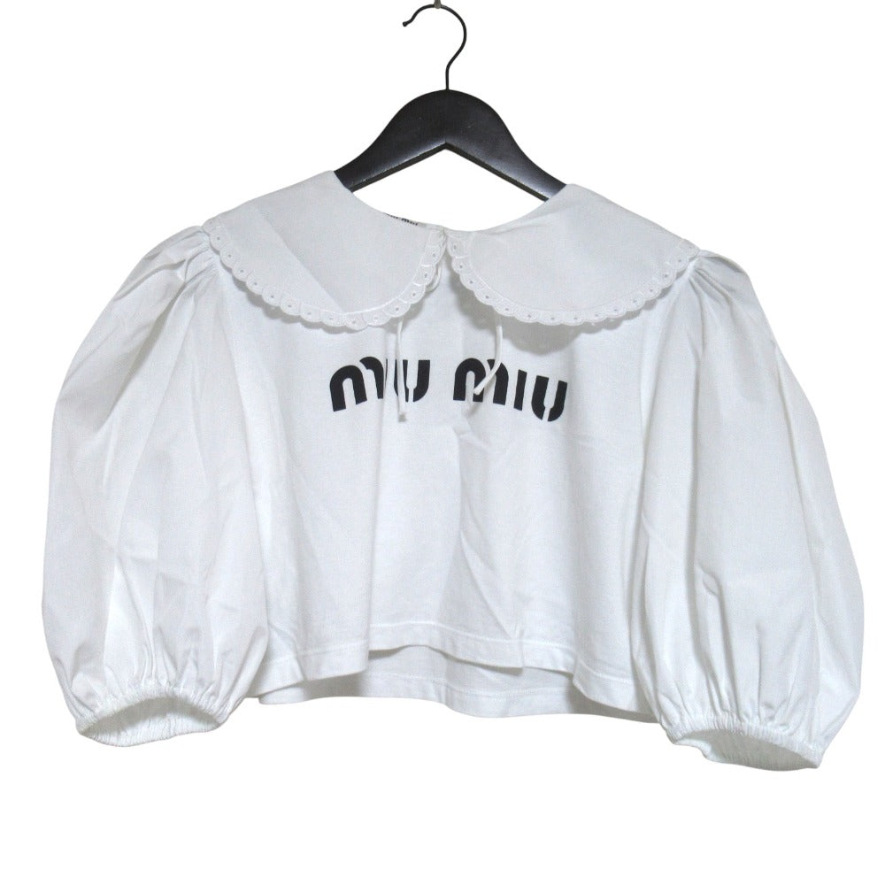 Miu Miu Logo Print Ruffle Collar Puff Sleeve Pullover Blouse