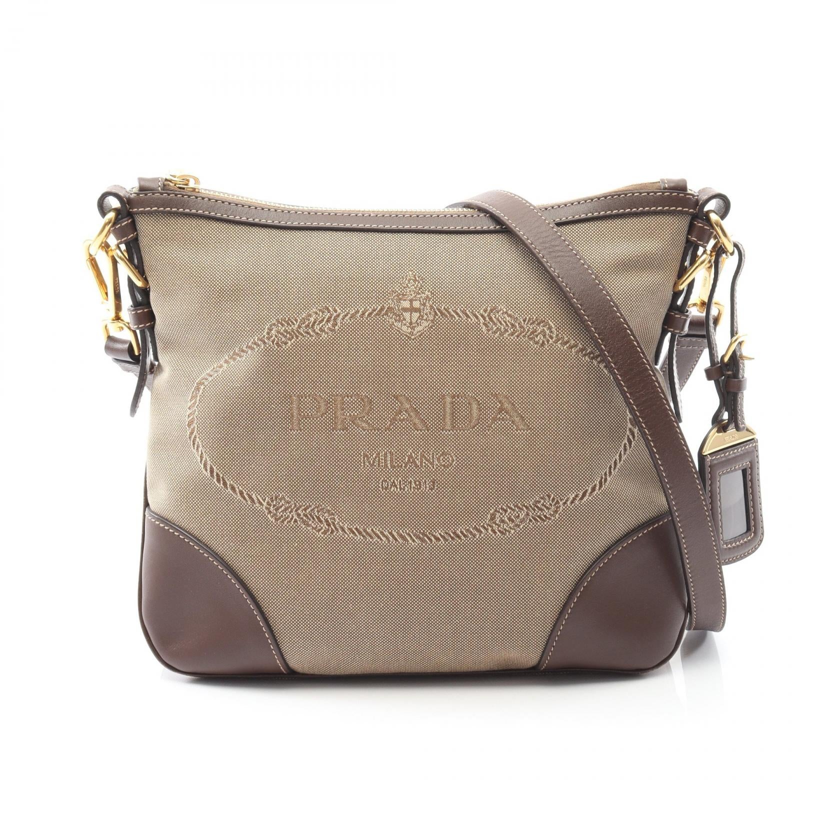 PRADA Logo Jacquard Canvas Leather Shoulder Bag