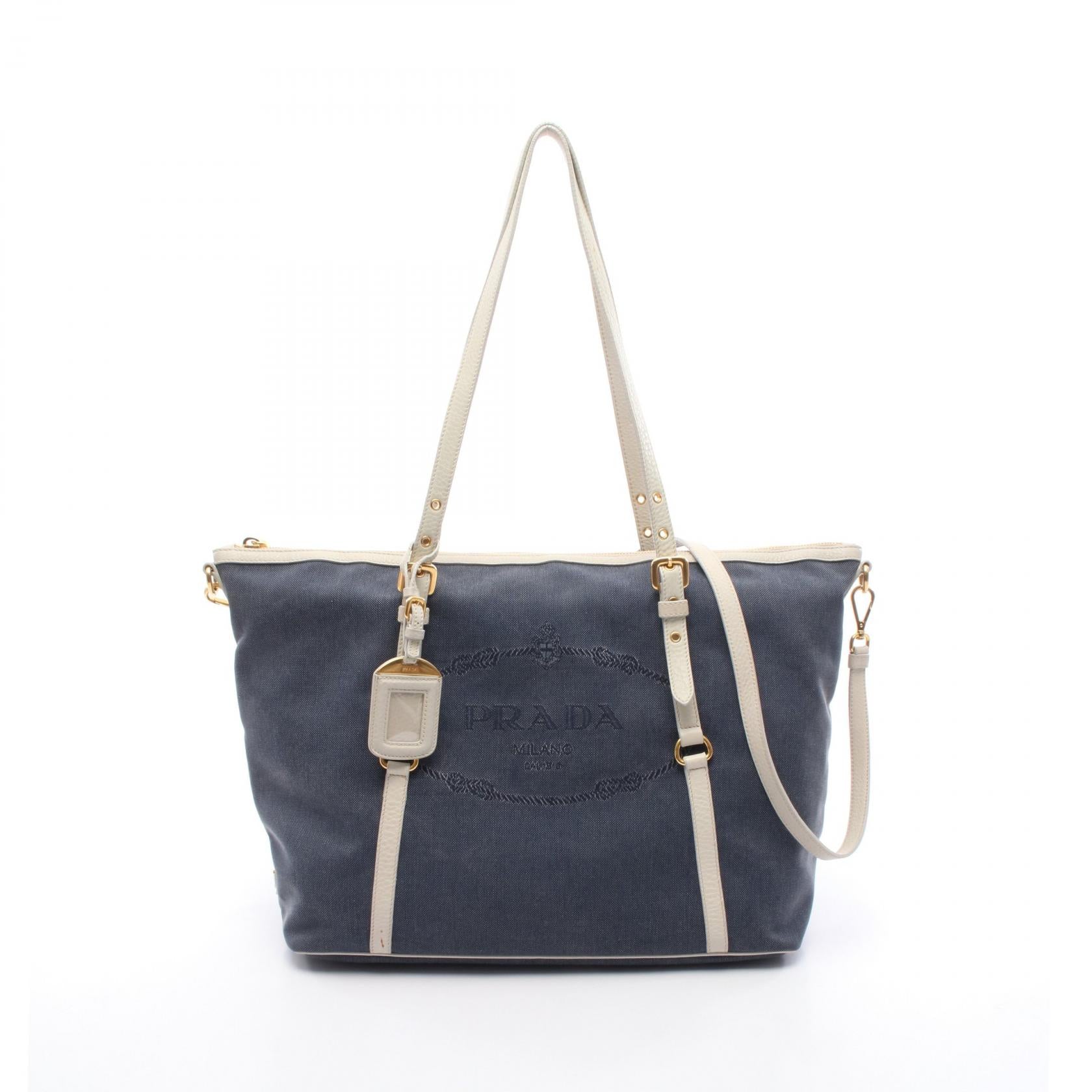 Prada Logo Jacquard Canvas Leather Tote Bag