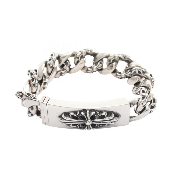 Chrome Hearts Floral Cross ID Fancy Link 925 Silver Bracelet