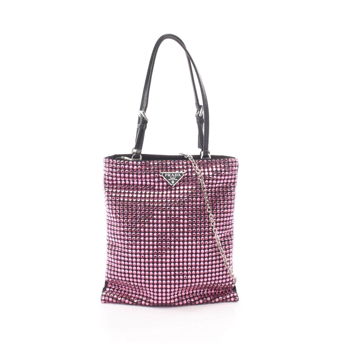 PRADA Triangle Logo Crystal Fabric Leather 2way Handbag