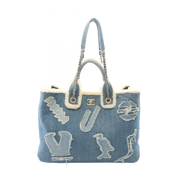 CHANEL Large Shopping Bag Denim Mouton 2way Tote Bag