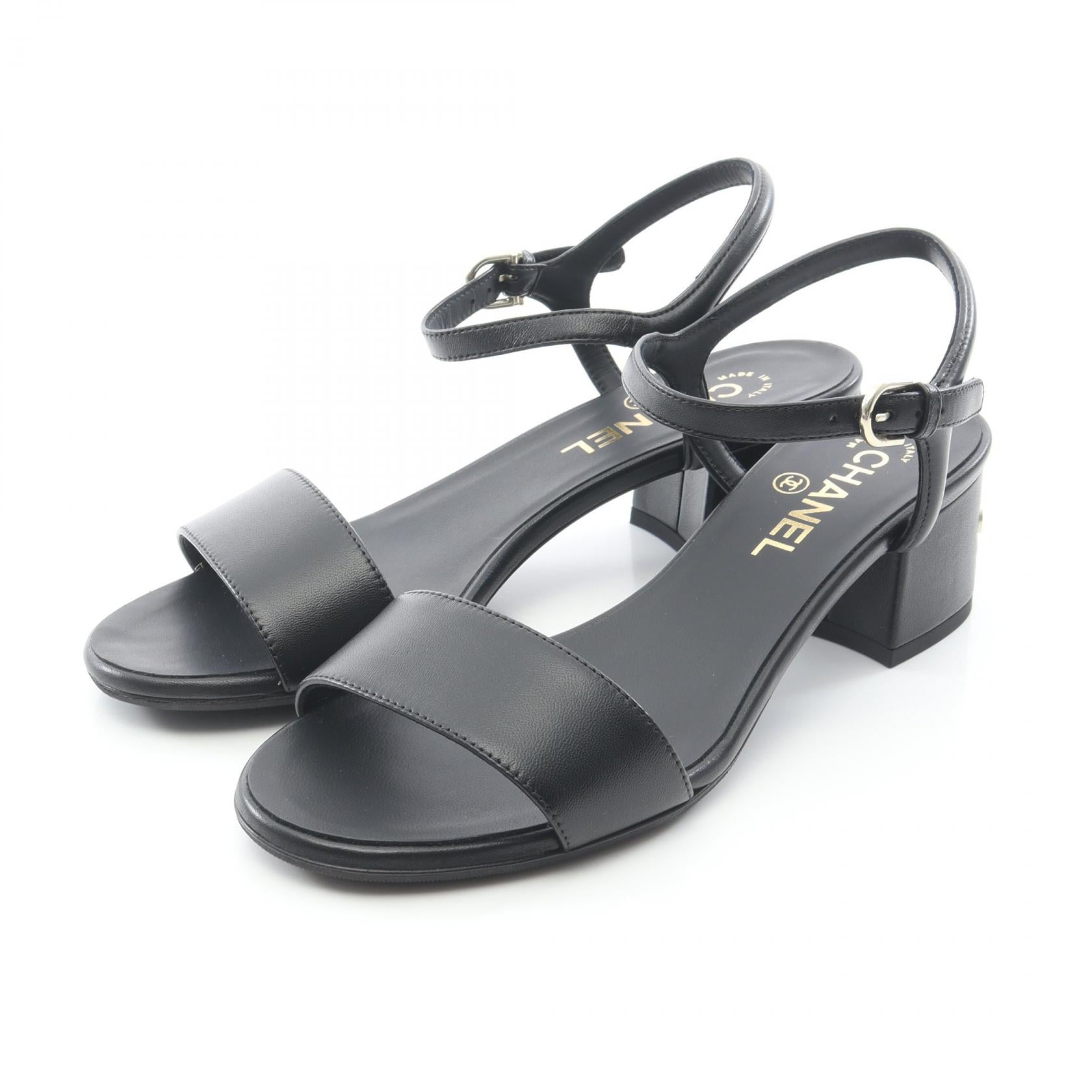 CHANEL Logo Heel Leather Sandals