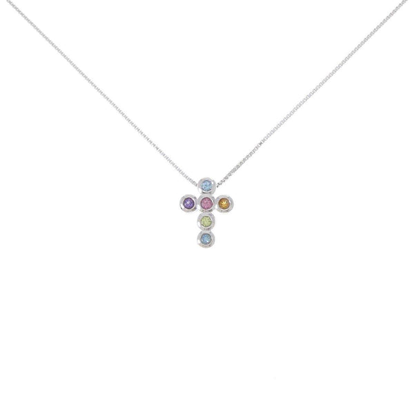 750 White Gold Multi Gemstone Cross Necklace