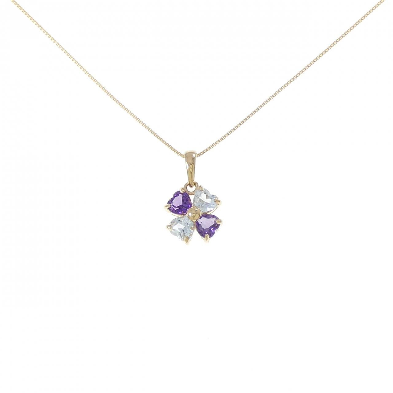 Au750 Heart Flower Aquamarine Amethyst Necklace