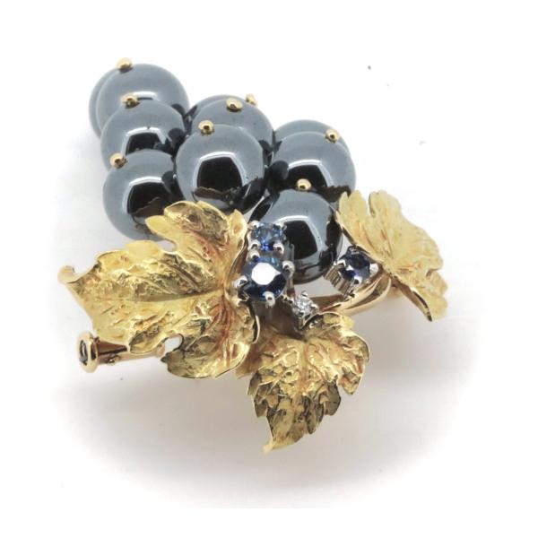 Nobuko Ishikawa Grape Motif Brooch Pendant with Hematite, Sapphire & Diamond in K18 Yellow Gold & PT900 Platinum for Women