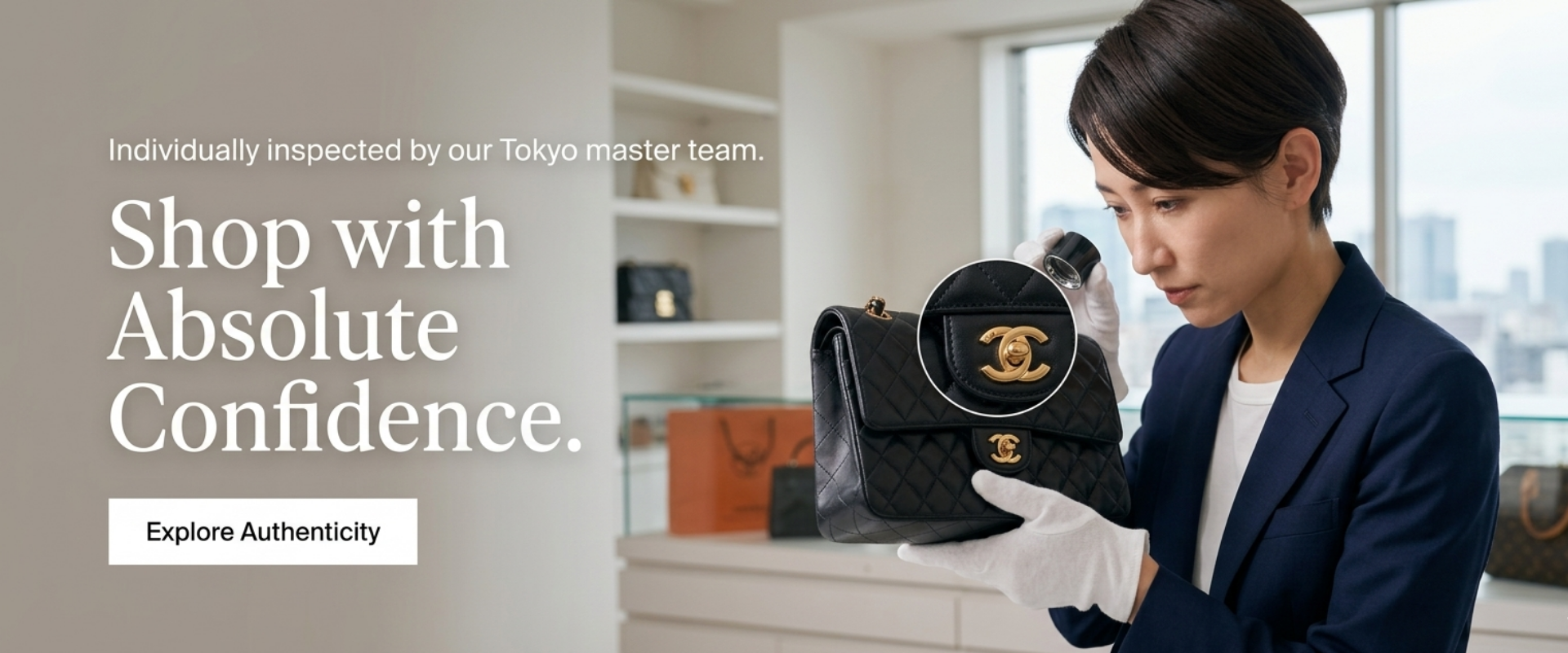 Woman holding a Chanel handbag with text about authenticity inspection by Tokyo master team.
