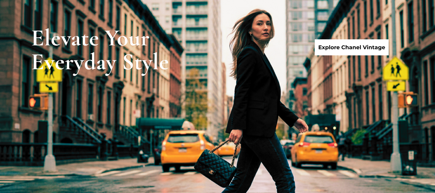 Woman walking with a suitcase on a city street, with text promoting Chanel Vintage.