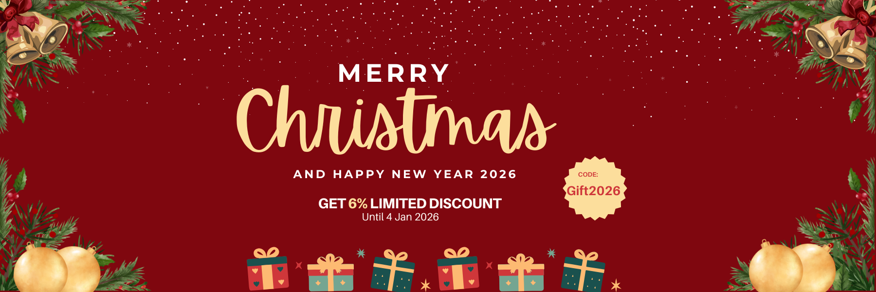 Red Christmas-themed promotional banner with 'Merry Christmas and Happy New Year 2023' text and decorative elements.