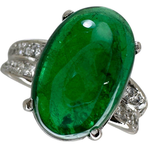 Platinum Cabochon Emerald Diamond Ring