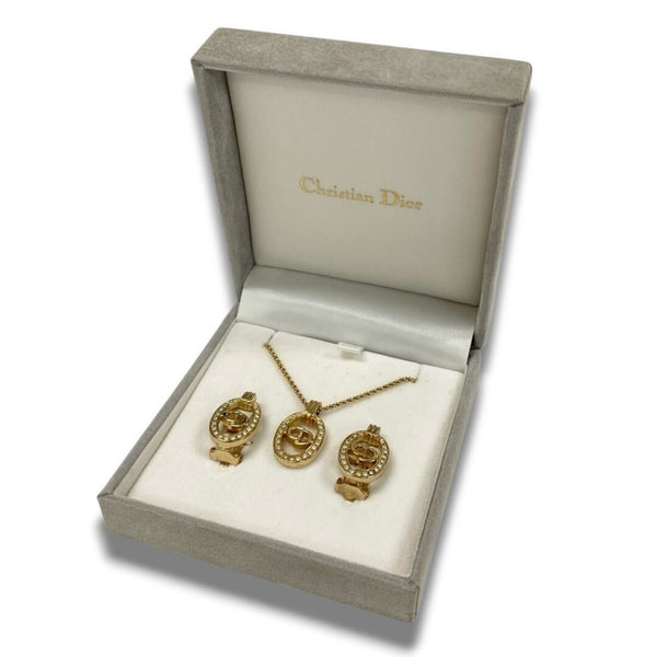 Christian Dior CD Logo Rhinestone Necklace Earrings Set
