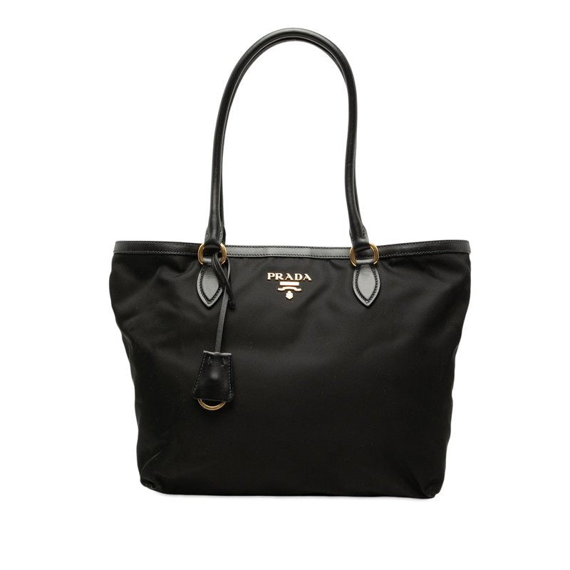 Prada Logo Nylon Leather Tote Bag