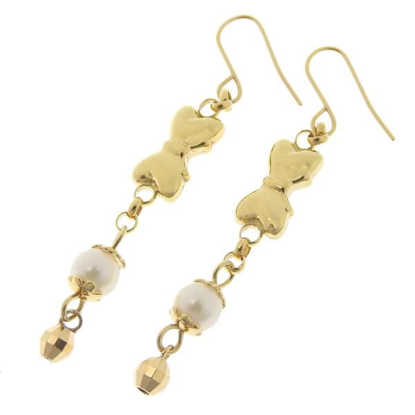 K18YG Yellow Gold Ribbon Motif Earrings, Set with Pearl 4.2mm - Women's