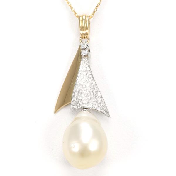 PT900 Platinum & K18 YellowGold Necklace with Pearl & Diamond, Total Weight approx 6.4g, 40cm, Women's Silver