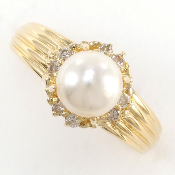 K18 Yellow Gold Ring with Pearl and Diamond, Gold, Size 8 for Women