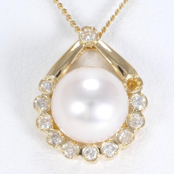 18K Yellow Gold Pearl & Diamond Necklace - 0.12 Diamonds, Total Weight