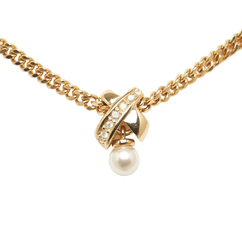 Dior Gold & White Plated Rhinestone Faux Pearl Necklace for Women