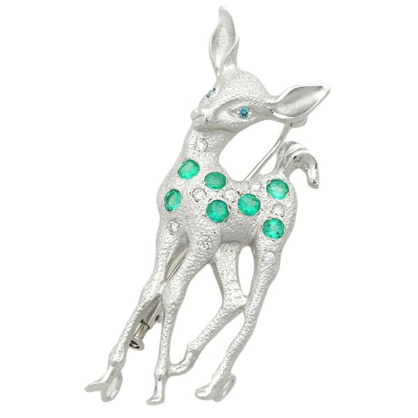 Like-new Pendant Brooch in K18WG with 0.44ct Emeralds and 0.13ct Diamonds (Dyed), Silver, for Women