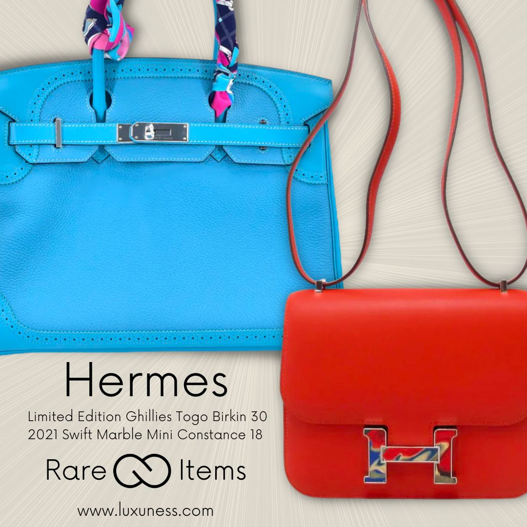 Hermes Limited Edition-Ghillies Togo Birkin 30 & 2021 Swift Marble Mini Constace 18