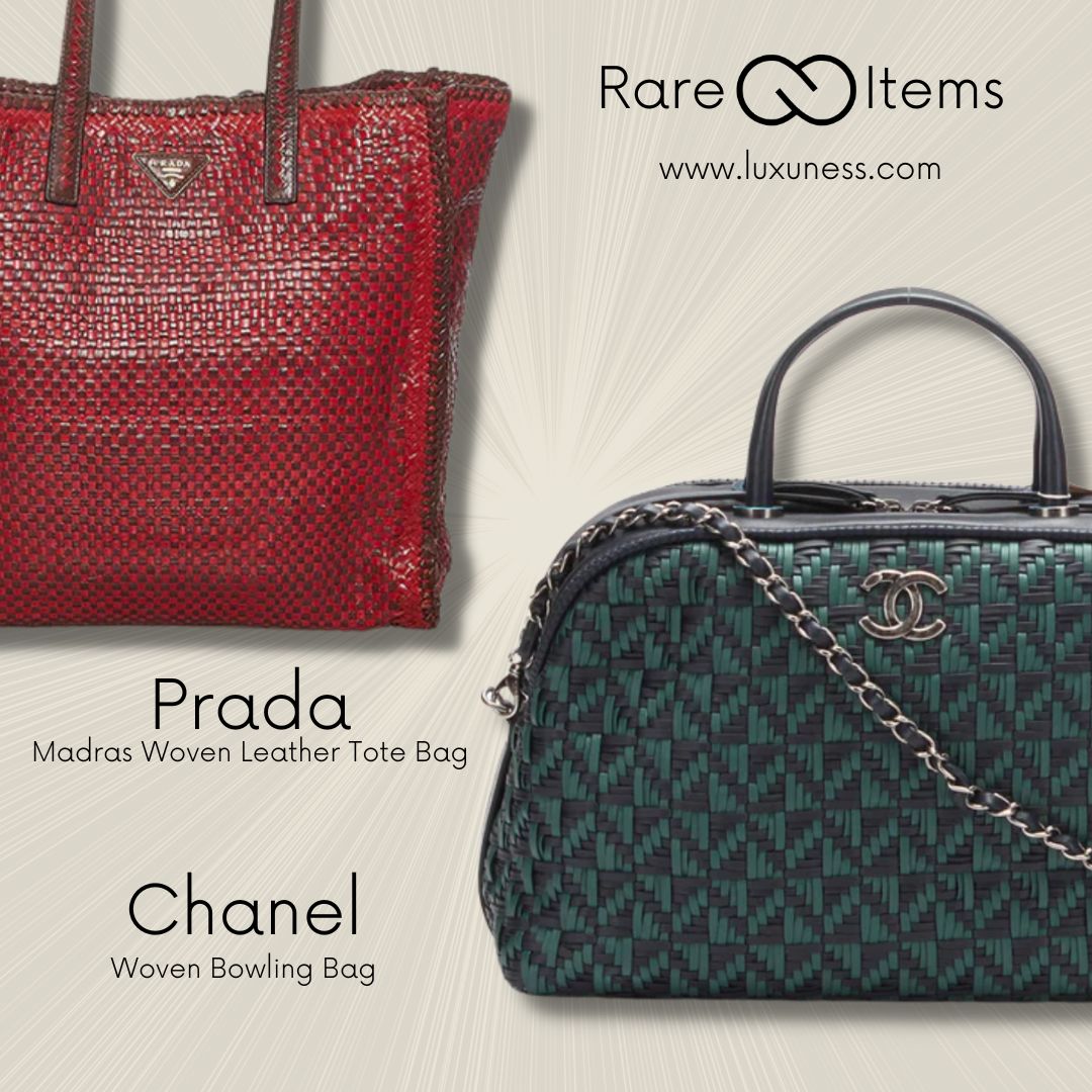 Prada Madras Woven Leather Tote Bag & Chanel Woven Bowling Bag