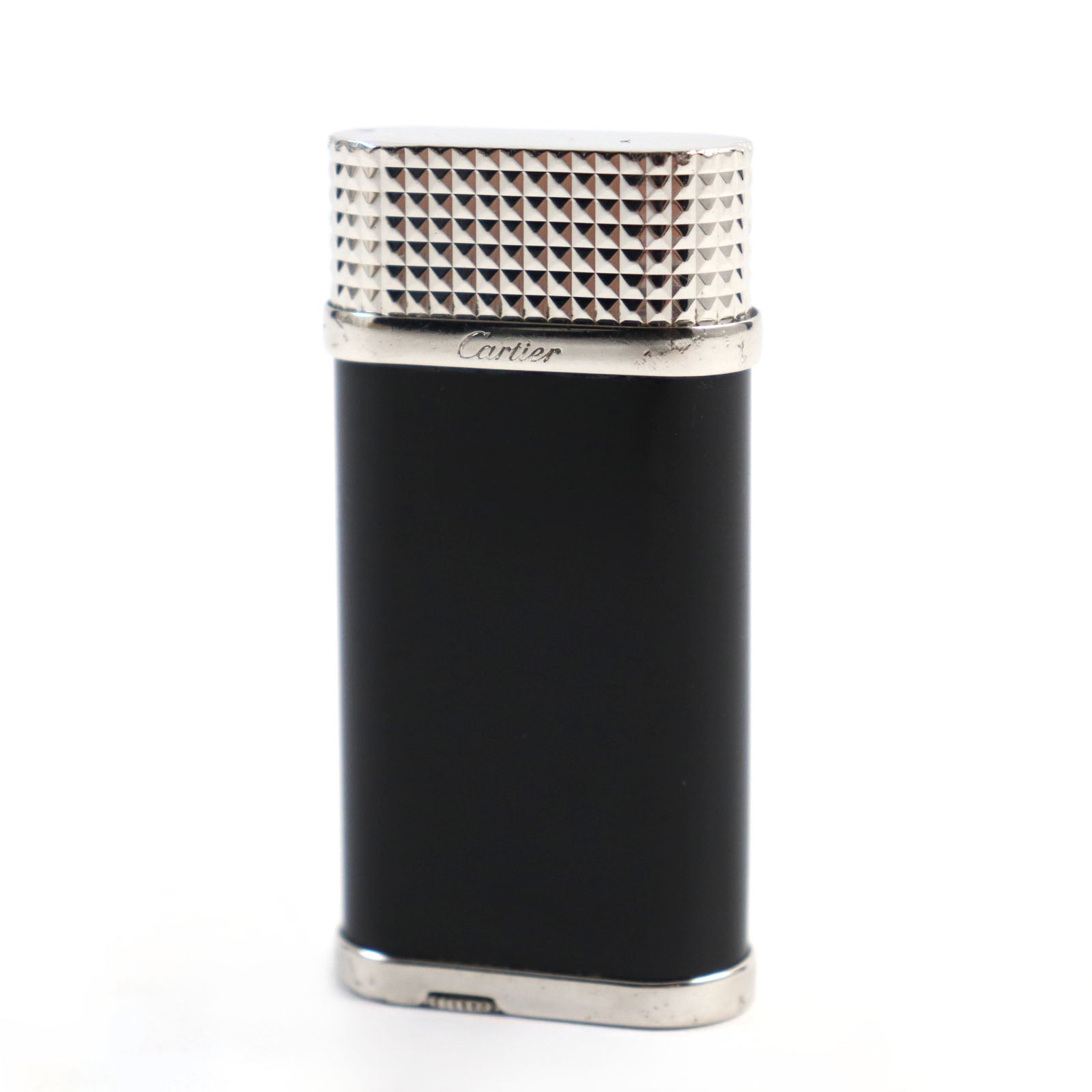 Cartier Godron Lacquer Diamond Head Logo Roller Gas Lighter Black Silver