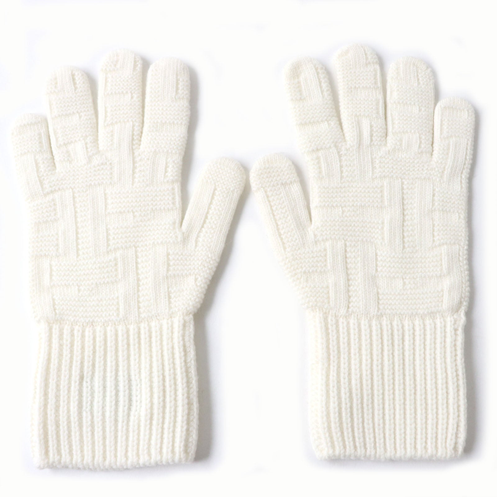 HERMES Wool H-Pattern Knit Gloves Women M