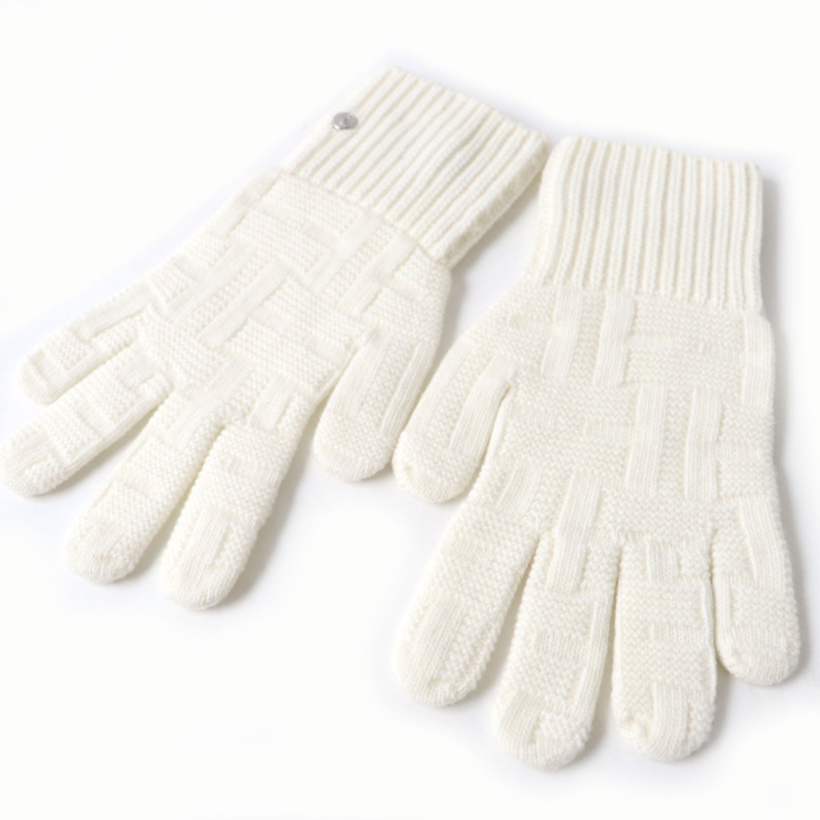 HERMES Wool H-Pattern Knit Gloves Women M