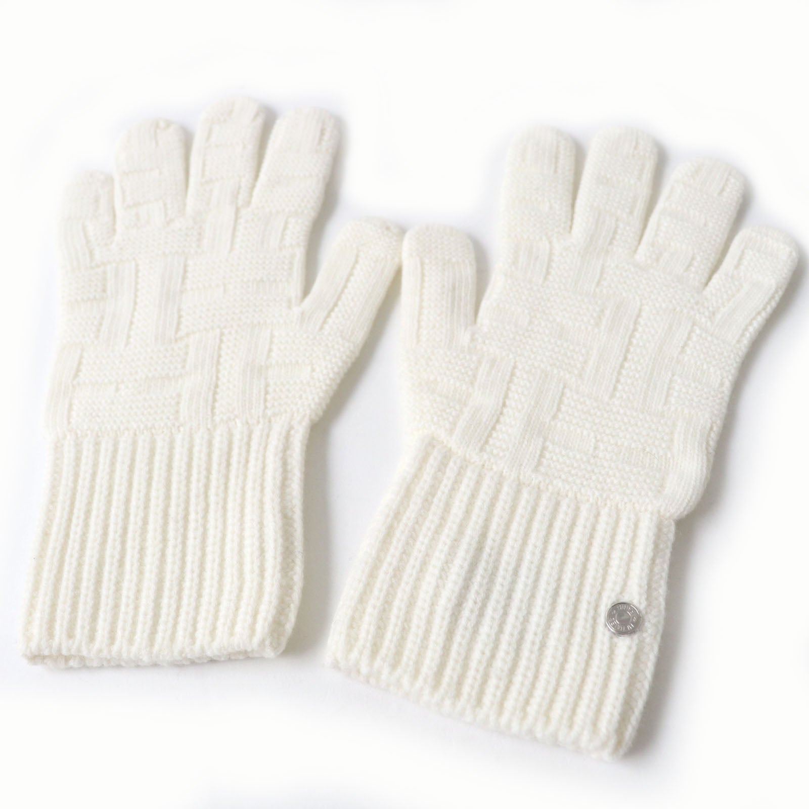 HERMES Wool H-Pattern Knit Gloves Women M