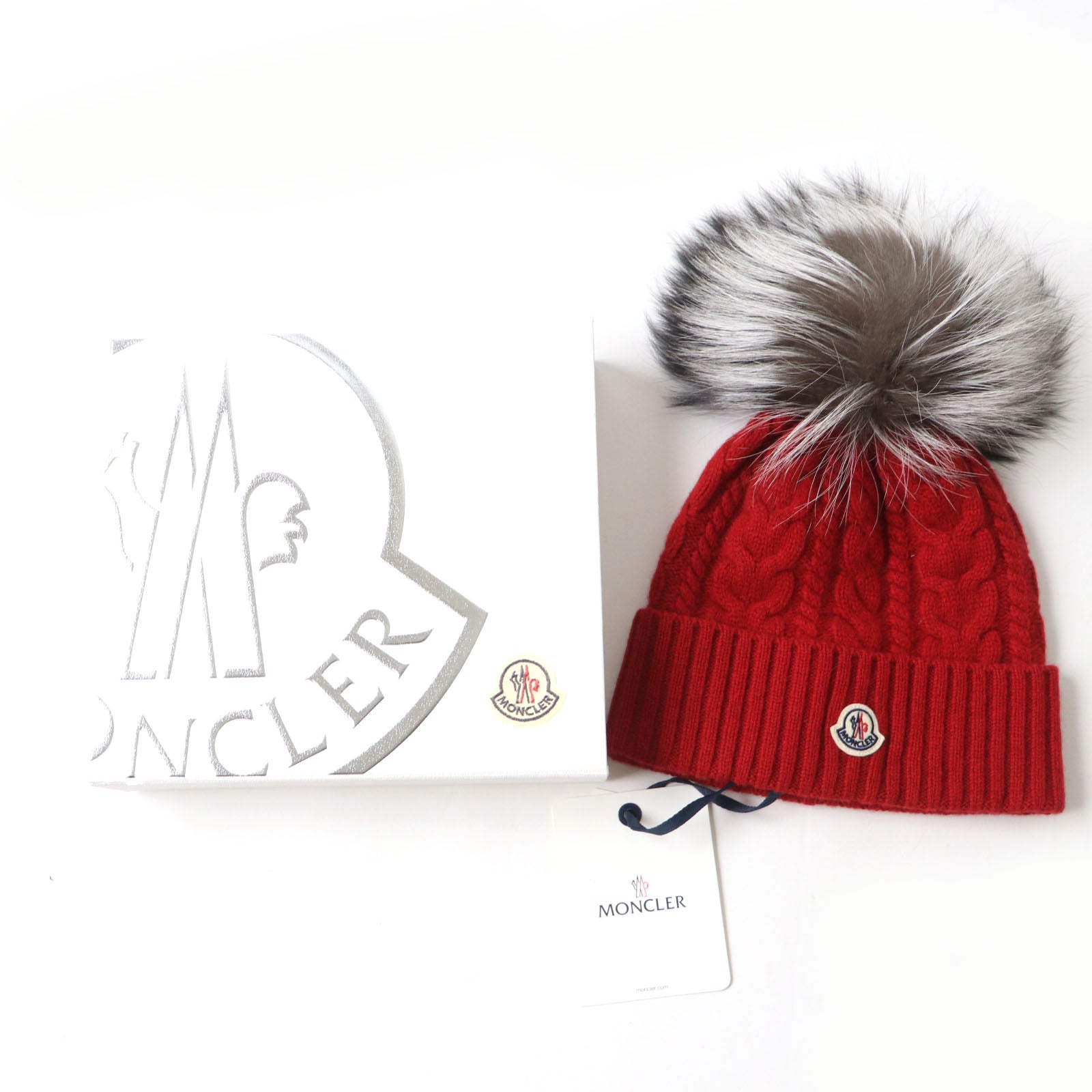 Moncler Wool Cashmere Fox Fur Knit Cap Red