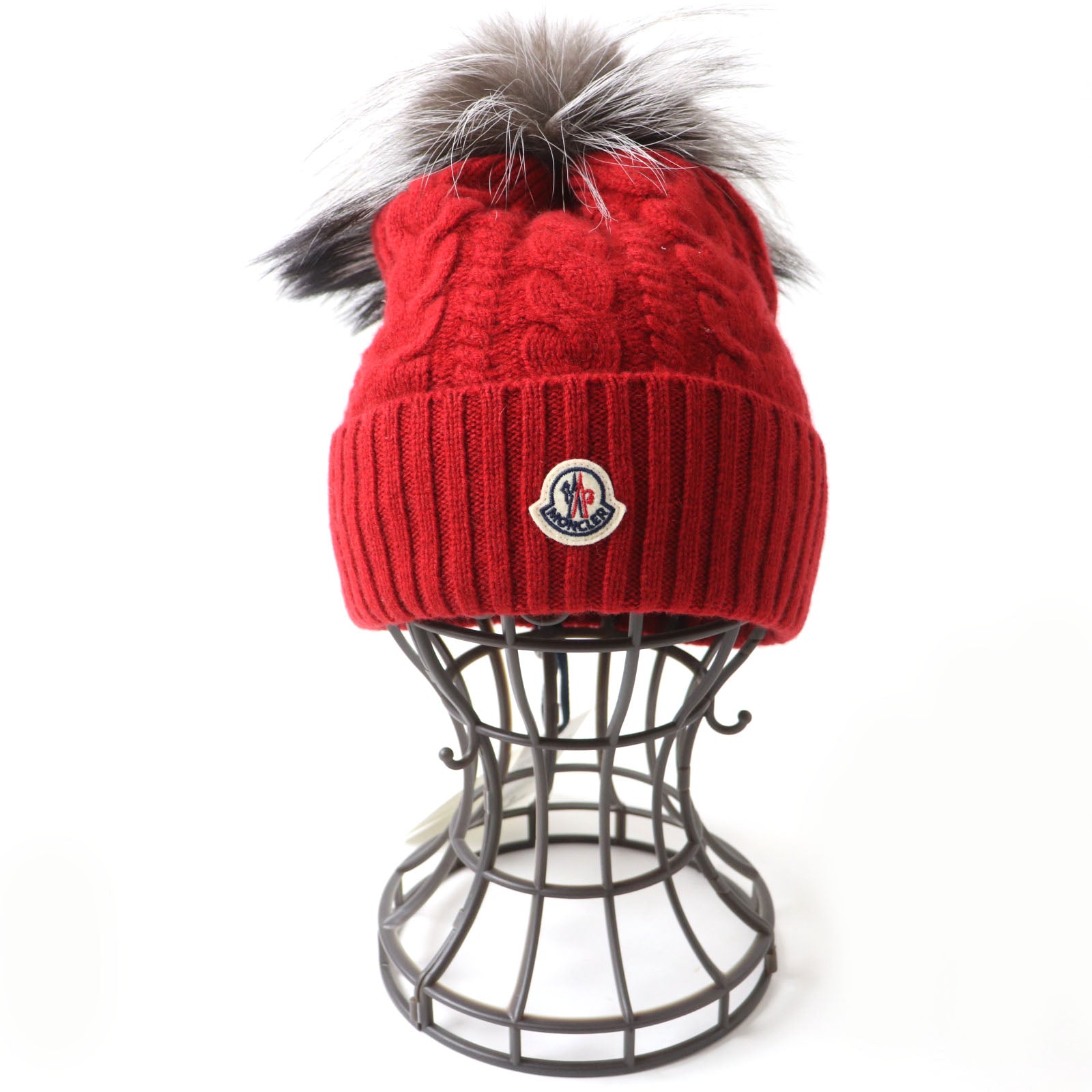 Moncler Wool Cashmere Fox Fur Knit Cap Red