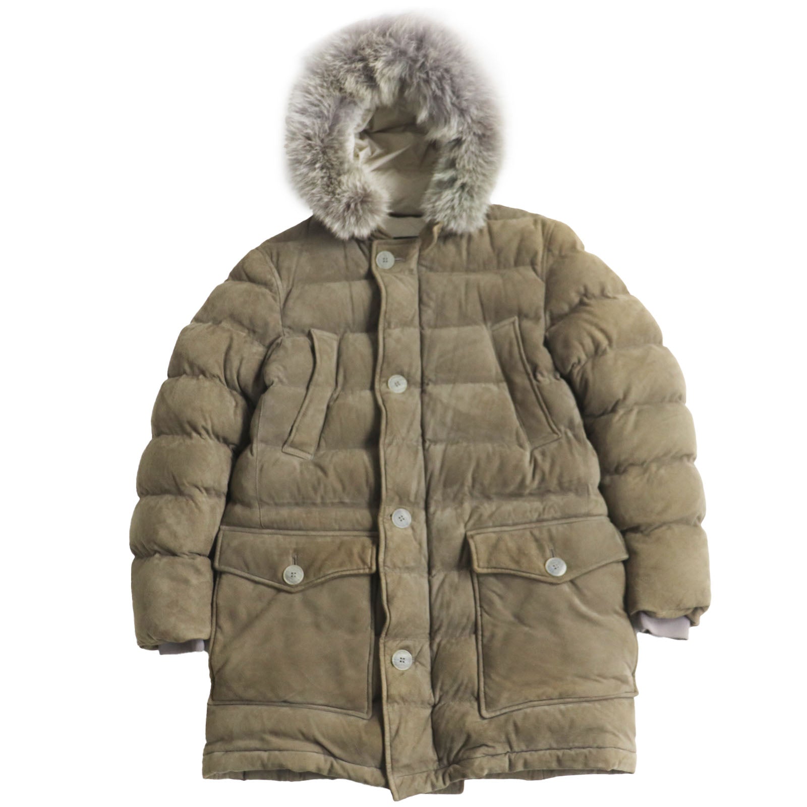 Herno Goatskin Down Jacket with Coyote Fur, Khaki Gray, Men's, Made in Italy