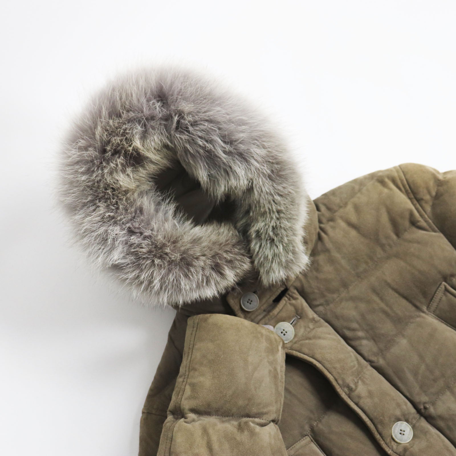 Herno Goatskin Down Jacket with Coyote Fur, Khaki Gray, Men's, Made in Italy