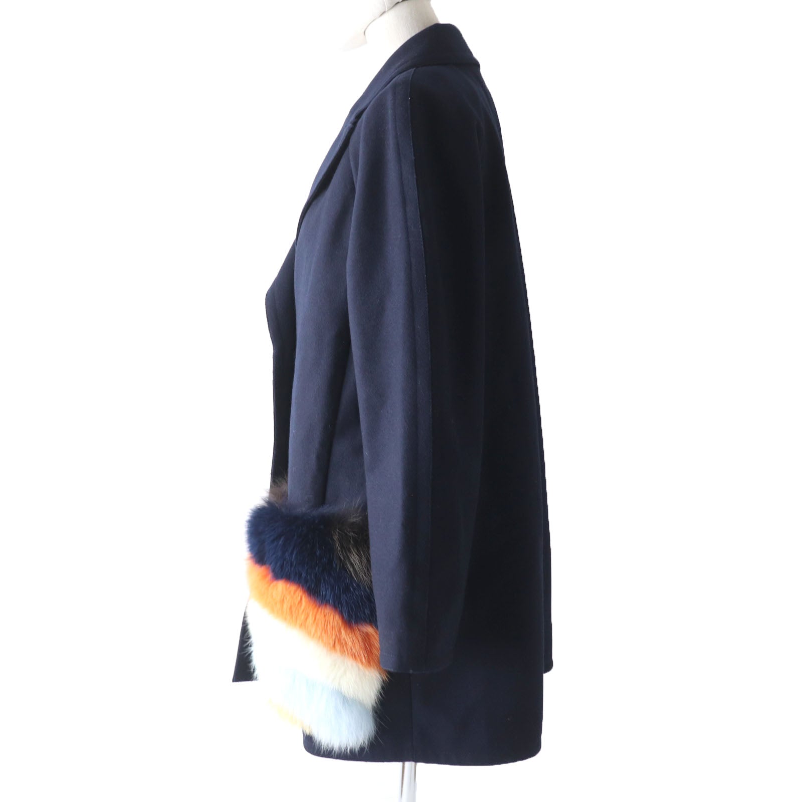 Fendi FF8247 Wool Cashmere Fox Fur Coat Navy 38