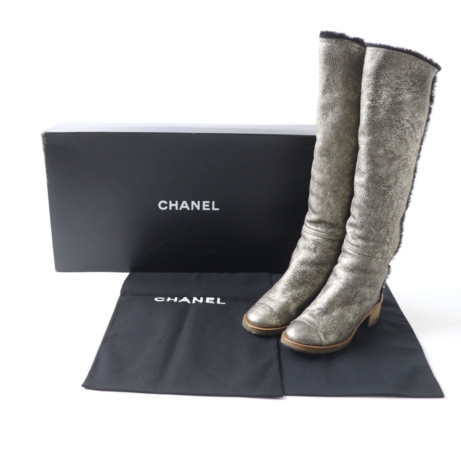 Chanel Knee-high Boots Metal Logo Chunky Heel