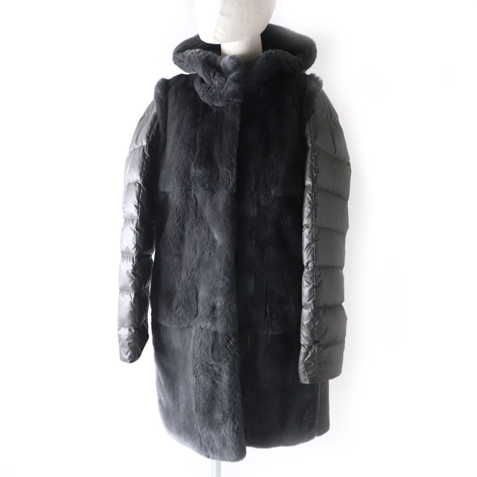 Herno Wool Silk Hooded Down Coat with Rabbit Fur