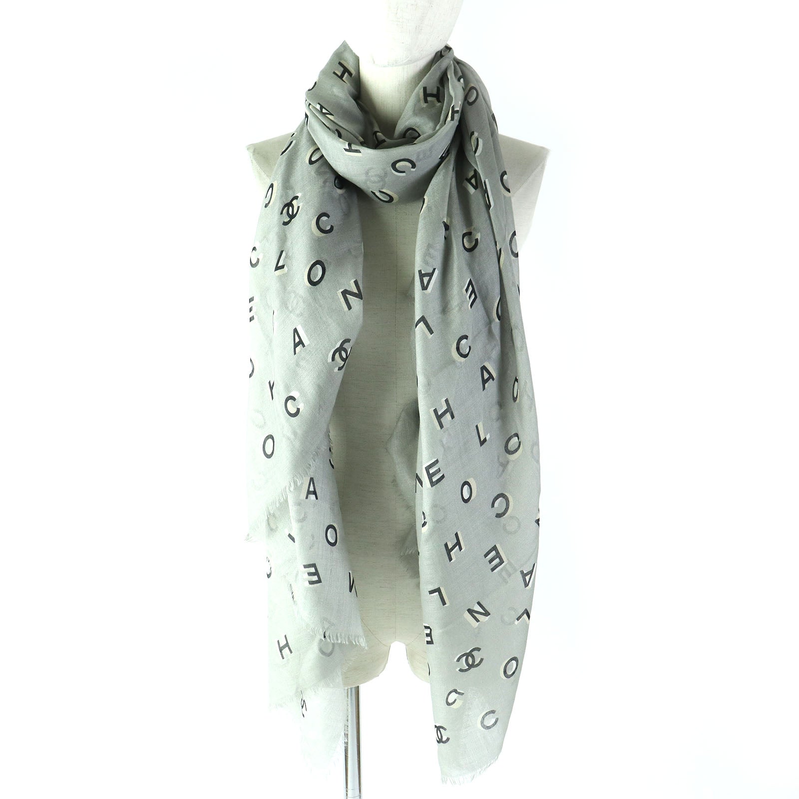 Chanel COCO Mark Cashmere Silk Scarf Gray